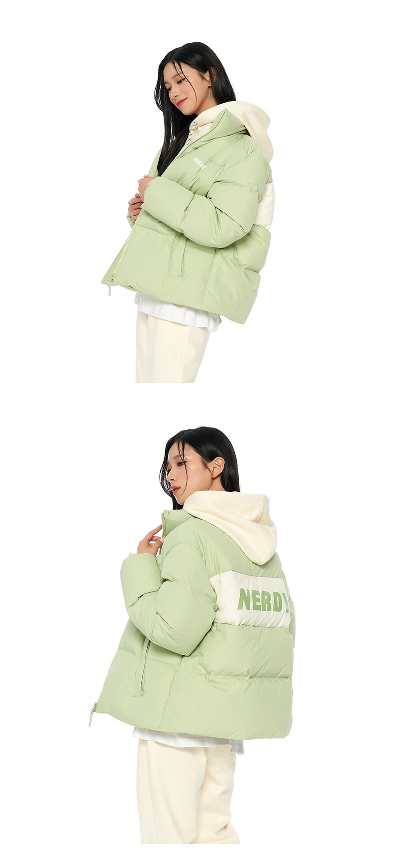 商品NERDY|【享贝家】（国内现货）NERDY 2022冬季新款短款面包服羽绒服宽松休闲情侣同款潮牌外套 男女同款 黑色\奶油色\浅灰色\绿色 PNEW22DJ02 G-LY,价格¥710,第13张图片详细描述