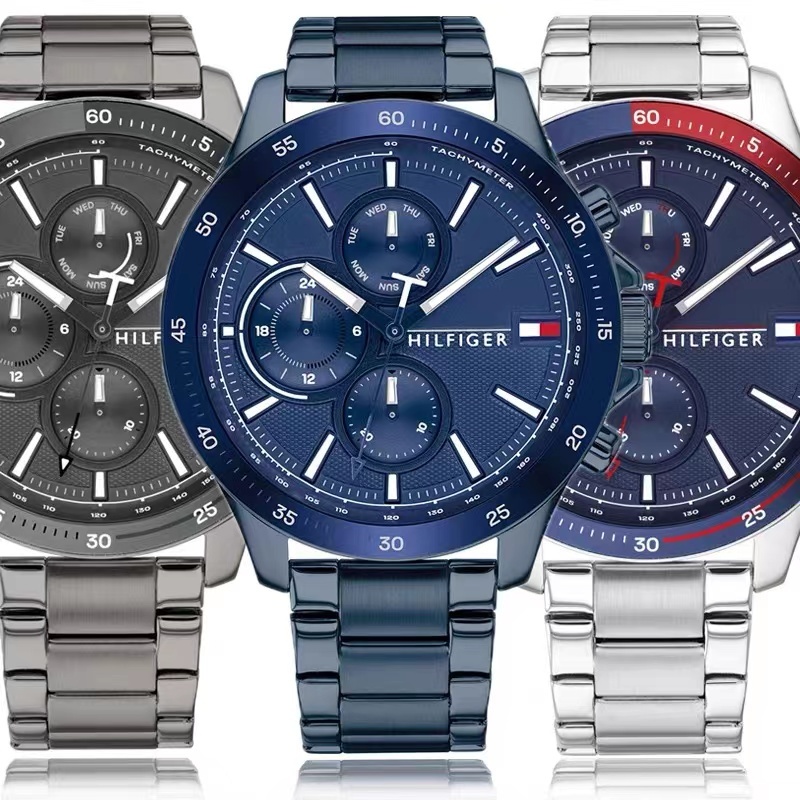 商品[国内直发] Tommy Hilfiger|Tommy Hilfiger汤米希尔费格男士手表石英机芯计时码表蓝色不锈钢手链腕表46mm Blue No Size,价格¥649,第1张图片详细描述
