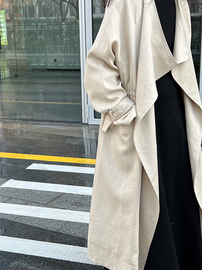 商品[国内直发] GLENVINTEN|格岚云顿新2024新款中式国风过膝风衣女生中长款抽绳棉麻外套,价格¥591,第15张图片详细描述