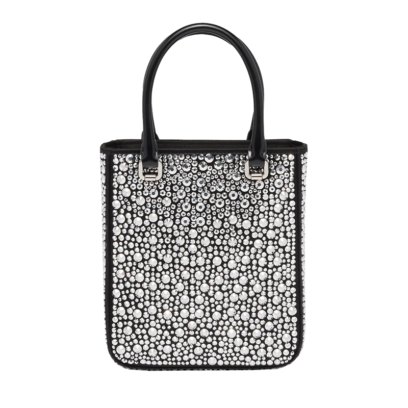 商品Prada|PRADA/普拉达 22新款 女士黑色水晶缎面皮革手柄拆卸调节肩带珐琅徽标手提单肩斜挎包1BA331_2AWL_F063R_V_OOO,价格¥22661,第5张图片详细描述