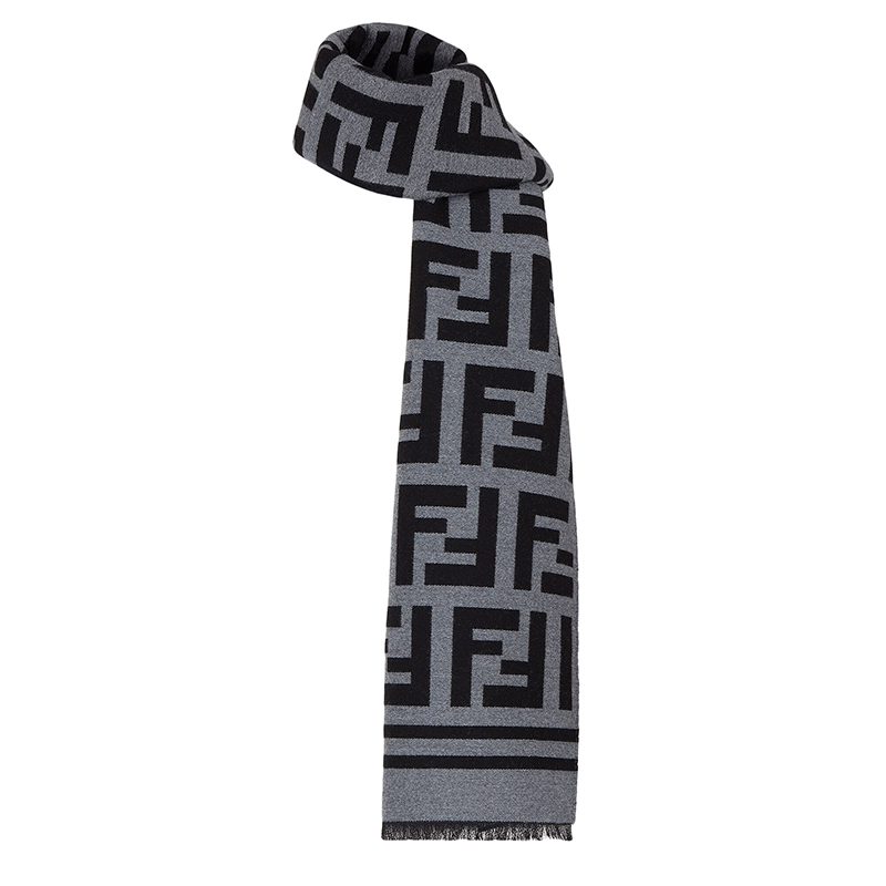 商品Fendi|FENDI/芬迪 22年秋冬新款 男女同款黑色/灰色羊毛混纺全幅老花图案围巾,价格¥4509,第3张图片详细描述