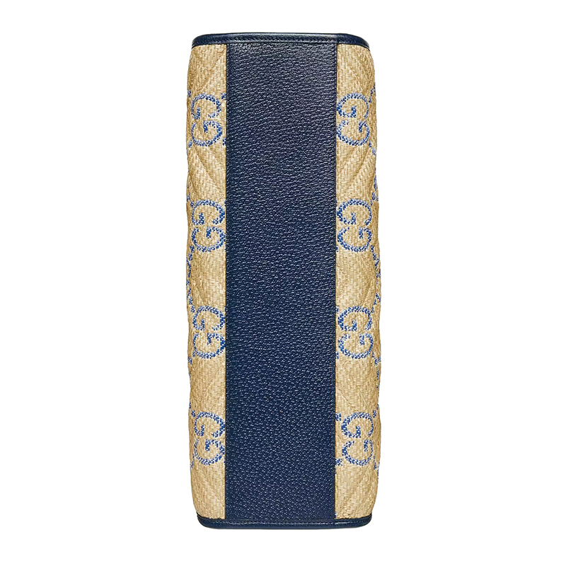 商品Gucci|【包税】GUCCI/古驰 22新款 GG Marmont系列 女士中号米色/蓝色拉菲草效果老花印花织物配皮金扣徽标金链单肩斜挎托特包675796UWBLT8925,价格¥17164,第4张图片详细描述