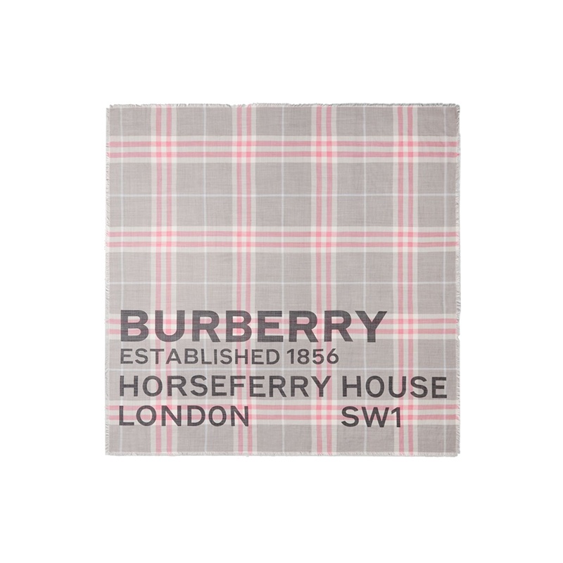 商品Burberry|【包税】BURBERRY/博柏利 22年秋冬新款 Horseferry系列 男女同款淡灰色/淡粉色丝毛混纺印花格纹大号方巾80573881,价格¥3362,第2张图片详细描述
