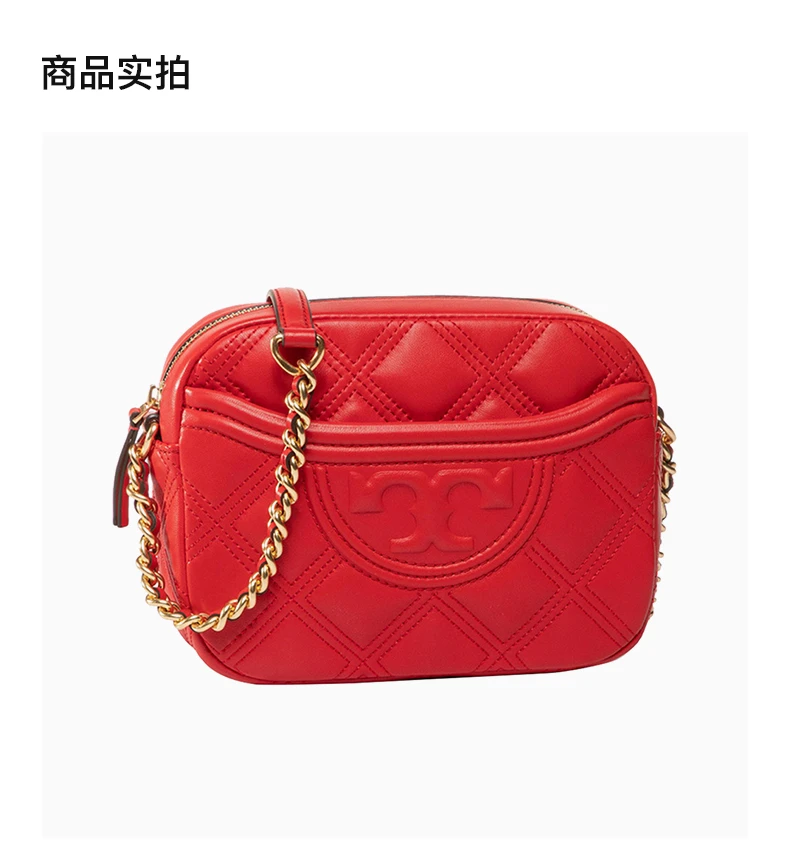 商品Tory Burch|TORY BURCH 女士Fleming系列红色菱形绗缝和压花炸弹“T”小羊皮相机包 62091-612,价格¥2598,第5张图片详�细描述