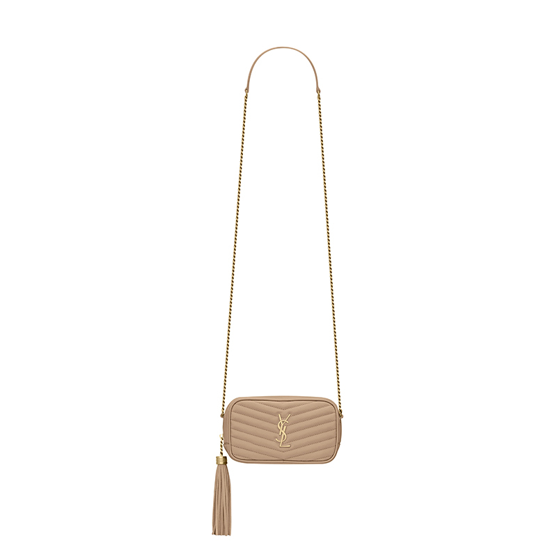 商品Yves Saint Laurent|SAINT LAURENT PARIS/圣罗兰 YSL 22春夏新款LOU系列 女士迷你深米色绗缝压纹粒面牛皮革金扣金链配流苏吊饰单肩斜挎包6125791GF012721,价格¥9652,第2张图片详细描述