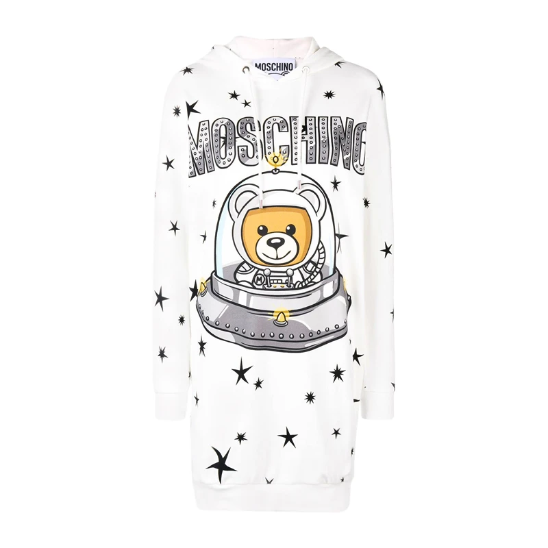 商品Moschino|Moschino 莫斯奇诺 女士白色宇宙飞船玤泰迪熊长版连帽卫衣 DV0448-5426-1002,价格¥3524,第1张图片详细描述