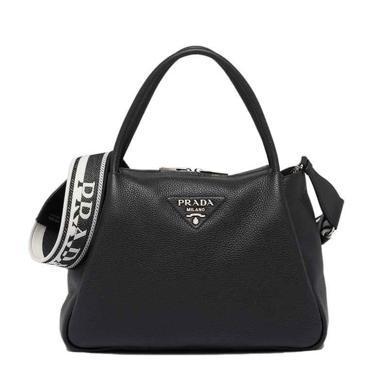 商品Prada|PRADA/普拉达 22春夏新款 女士黑色皮革饰有三角徽标配织物肩带拉链开合单肩斜跨手提包1BC170_2DKV_F0002_V_3OO,价格¥26494,第2张图片详细描述