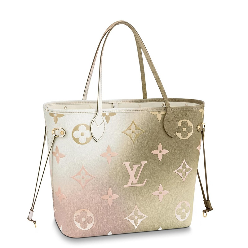 商品Louis Vuitton|【预售十天】Louis Vuitton/路易威登 22春夏新款NEVERFULL系列 女士中号日落卡其色老花帆布金扣配可拆卸小袋抽绳开合单肩斜跨包M59859,价格¥19241,第2张图片详细描述