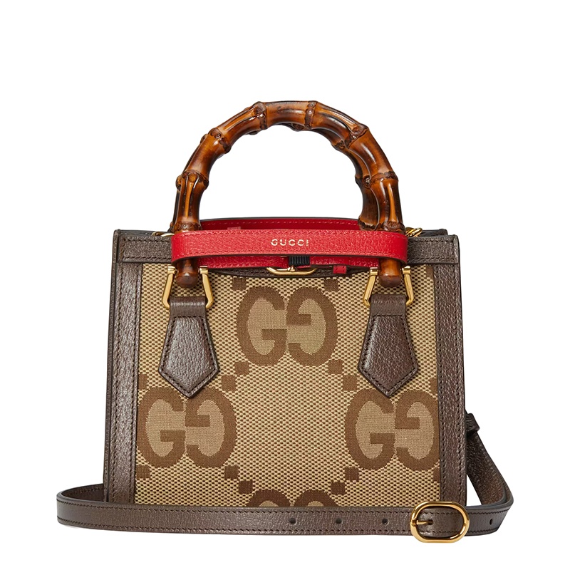 商品Gucci|GUCCI/古驰 22春夏新款Diana系列 女士迷你驼色/乌木色老花帆布配棕色皮革竹节提手配红色饰带金扣单肩斜挎手提包 655661UKMFT2672,价格¥19428,第4张图片详细描述