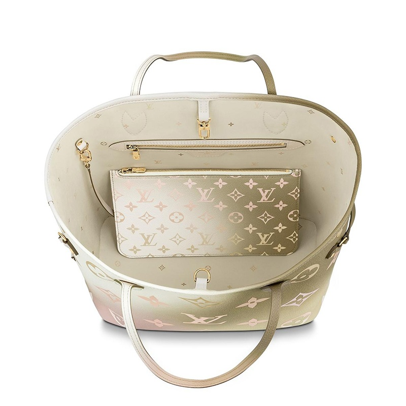 商品Louis Vuitton|【预售十天】Louis Vuitton/路易威登 22春夏新款NEVERFULL系列 女士中号日落卡其色老花帆布金扣配可拆卸小袋抽绳开合单肩斜跨包M59859,价格¥19241,第5张图片详细描述