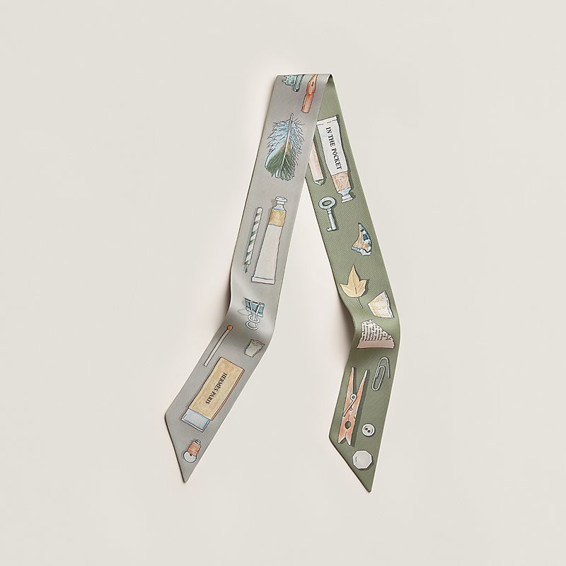 商品Hermes|爱马仕 Twilly女士灰色/绿色真丝丝巾 H062340S06,价格¥2026,第4张图片详细描述