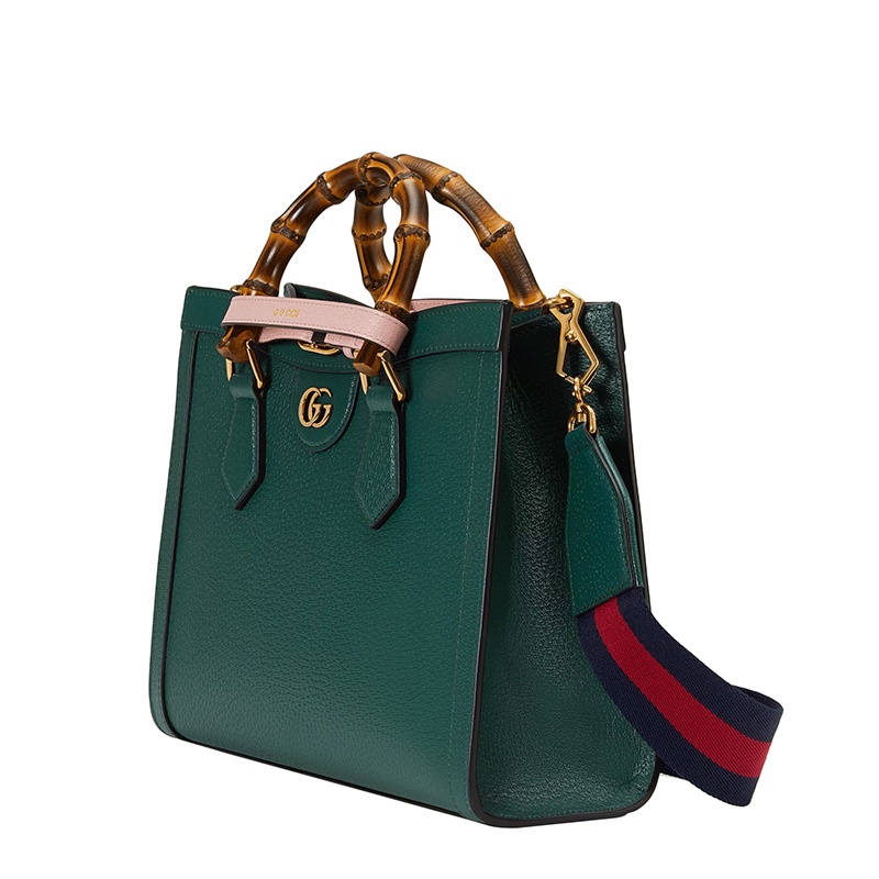 商品Gucci|GUCCI/古驰 Diana系列 女士小号绿色皮革粉色饰带金扣双竹节提手红蓝肩带单肩手提托特包702721U3ZDT3670,价格¥28166,第3张图片详细描述