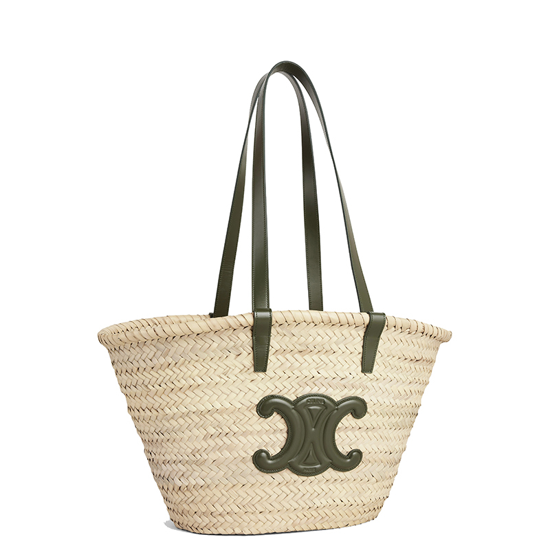 商品Celine|【包税】CELINE/赛琳 CLASSIC TRIOMPHE系列 女士中号原色棕榈叶配卡其色小牛皮细节单肩斜跨手工编织篮子包192622CGG.15KH,价格¥4887,第2张图片详细描述