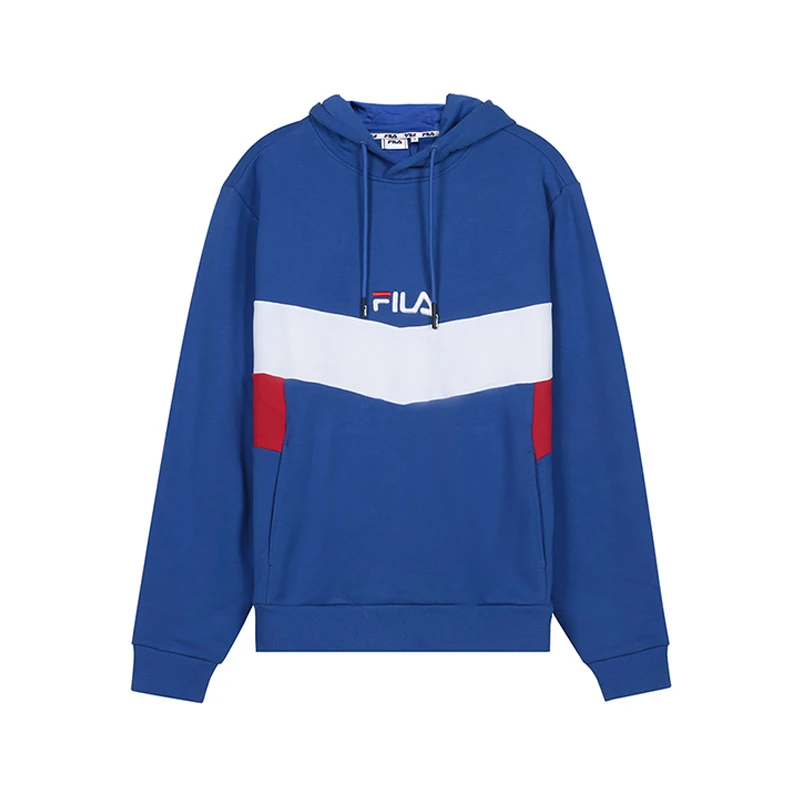 商品[国内直发] Fila|FILA 男士蓝色棉混纺白色条纹红色细节胸前刺绣LOGO连帽长袖卫衣 687965-A723,价格¥522,第1张图片详细描述