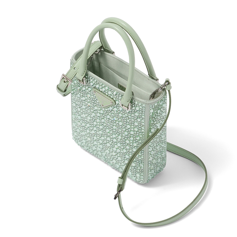 商品Prada|PRADA/普拉达 22新款 女士绿色水晶缎面皮革手柄拆卸调节肩带珐琅徽标手提单肩斜挎包1BA331_2AWL_F0934_V_OOO,价格¥23132,第3张图片详细描述
