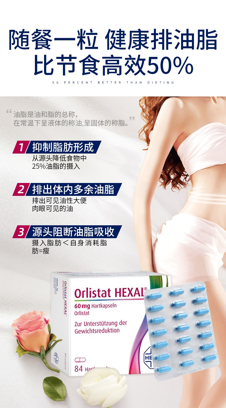 商品HEXAL|奥利司他 Hexal Orlistat排油丸  减脂减重 小蓝丸胶囊84粒/盒【保质期至24年12月】,价格¥354,第2张图片详细描述