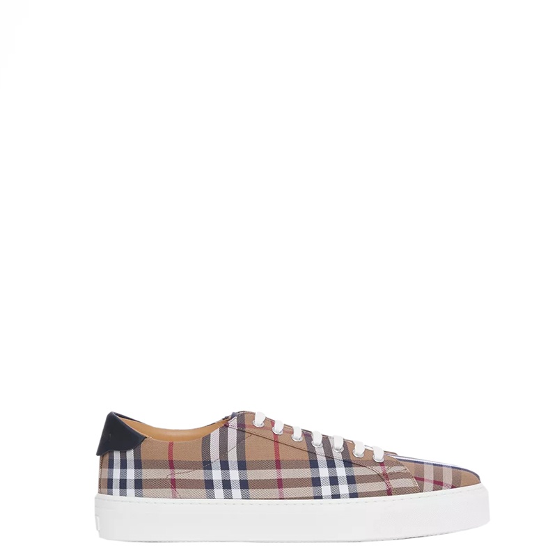 商品Burberry|【现货】博柏利 22新款 男士桦木棕色棉质拼皮革格纹徽标装饰运动鞋80481561,价格¥2503,第2张图片详细描述