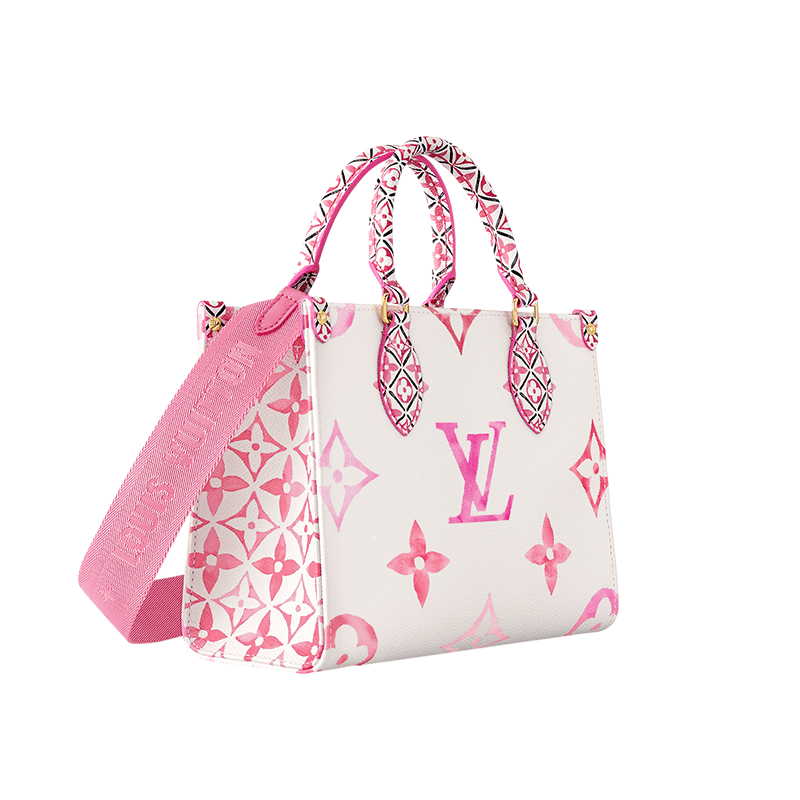 商品Louis Vuitton|【预售十天】路易威登 23新款 OnTheGo女士小号奶油白色/玫瑰粉色交织字母帆布花卉印花托特包 M22976,价格¥22684,第4张图片详细描述