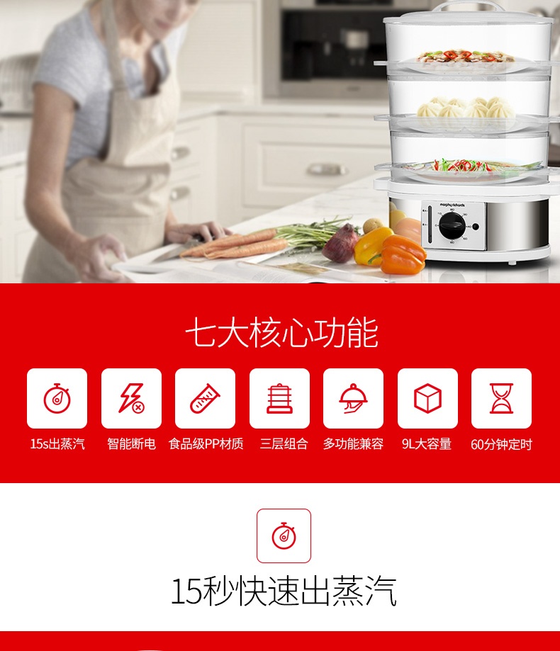 商品Morphy Richards|英国摩飞 三层电蒸笼 MR1148 多层蒸汽电蒸锅蒸菜器,价格¥481,第2张图片详细描述