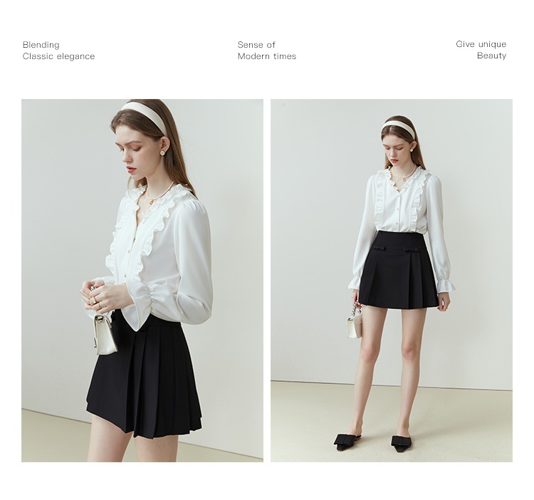 商品[国内直发] GLENVINTEN|格岚云顿新款法式木耳花边衬衫女长袖春秋款V领宫廷风上衣,价格¥280,第11张图片详细描述