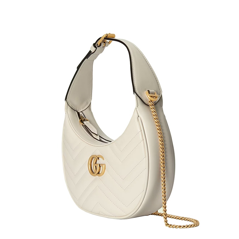 商品Gucci|古驰 22春夏新款Marmont系列 女士迷你白色绗缝皮革金色链条双G单肩腋下半月包,价格¥11088,第3张图片详细描述