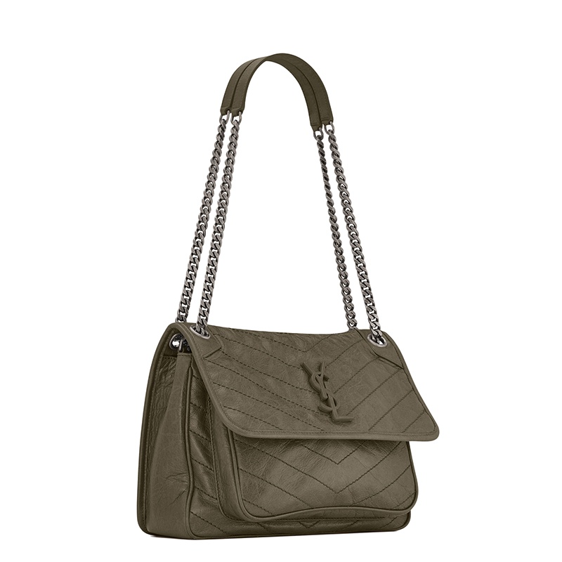 商品Yves Saint Laurent|SAINT LAURENT PARIS/圣罗兰 YSL 22春夏新款NIKI系列 女士中号灰卡其色绗缝复古褶皱牛皮革单肩手提包,价格¥20866,第5张图片��详细描述