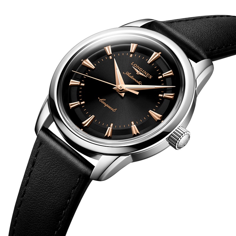 商品Longines|浪琴 女黑色皮革表带不锈钢黑表盘自动腕表38mm,价格¥18398,第3张图片详细描述