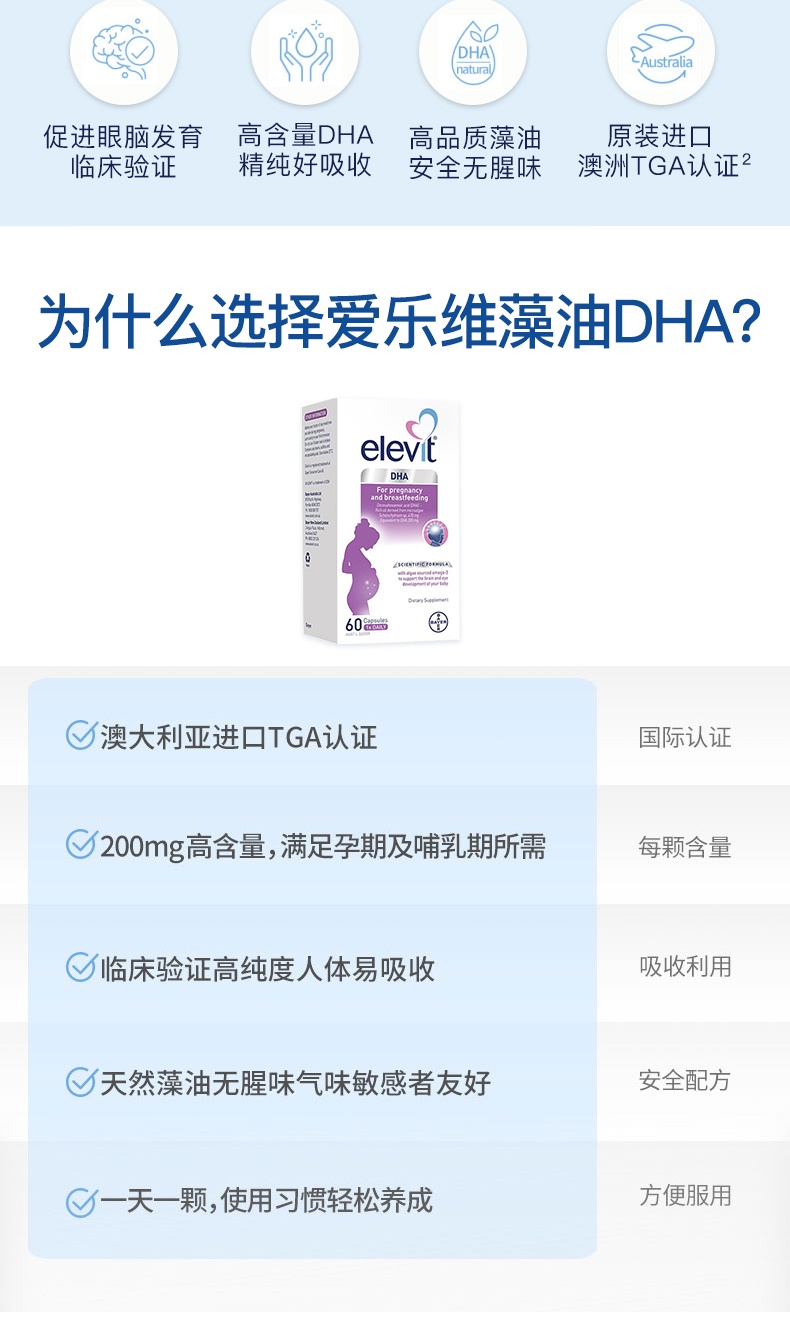 商品Bayer|澳洲Elevit爱乐维 进口孕哺乳期藻油软胶囊 孕妇专用孕期哺乳期营养60粒,价格¥227,第2张图片详细描述