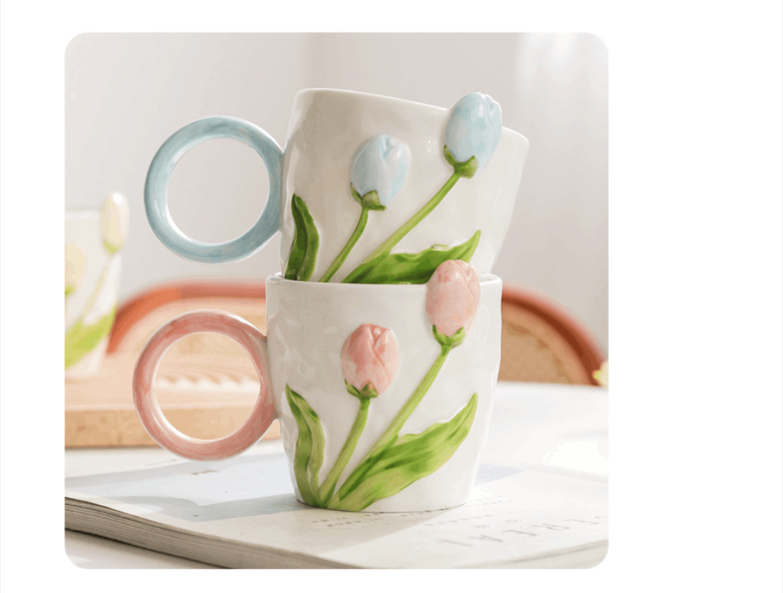 商品[国内直发] YeeCollene|ins高颜值郁金香马克杯小众设计感陶瓷杯子女生家用喝水杯咖啡杯,价格¥75,第3张图片详细描述