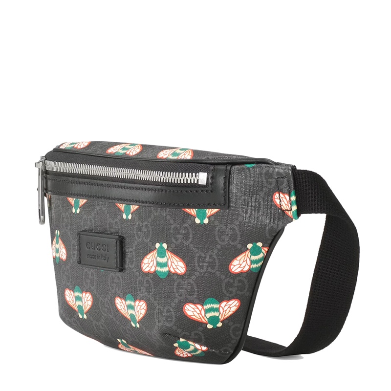 商品Gucci|GUCCI/古驰 Bestiary系列 男士老花帆布彩色蜜蜂图案印花黑色皮革饰边斜挎包腰包,价格¥7188,第2张图片详细描述