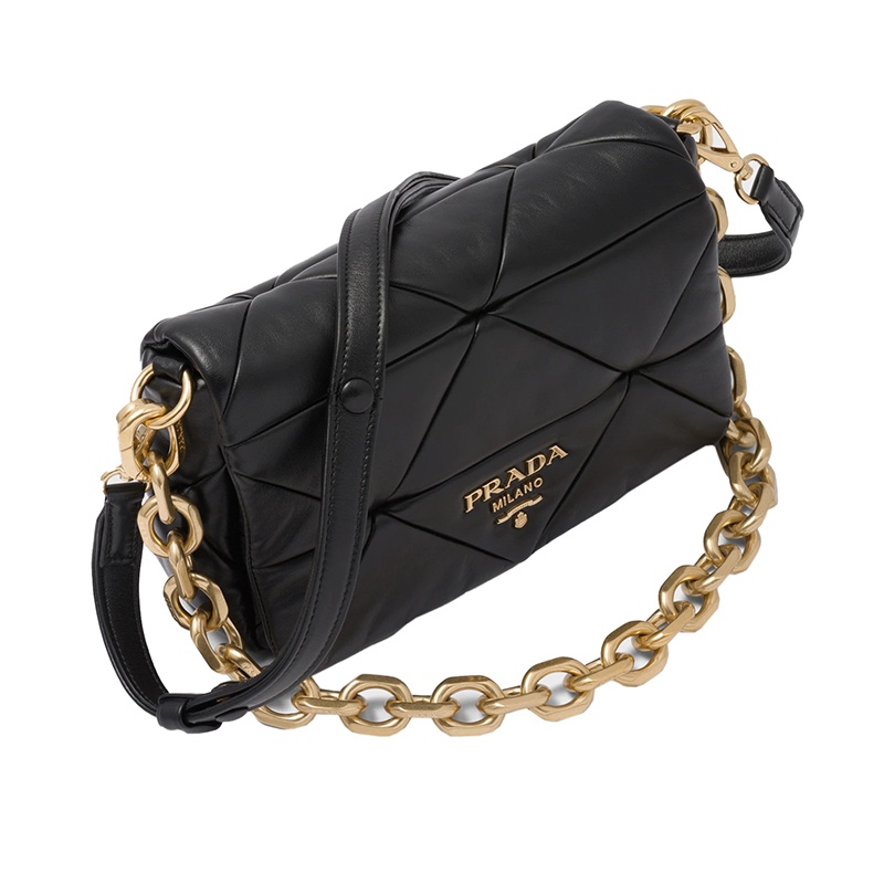 商品Prada|PRADA/普拉达 22新款 System系列 女士黑色皮革三角形拼布图案拆卸链条金属徽标翻盖单肩包1BD328_2DMO_F0002_V_TWO,价格¥25090,第5张图片详细描述
