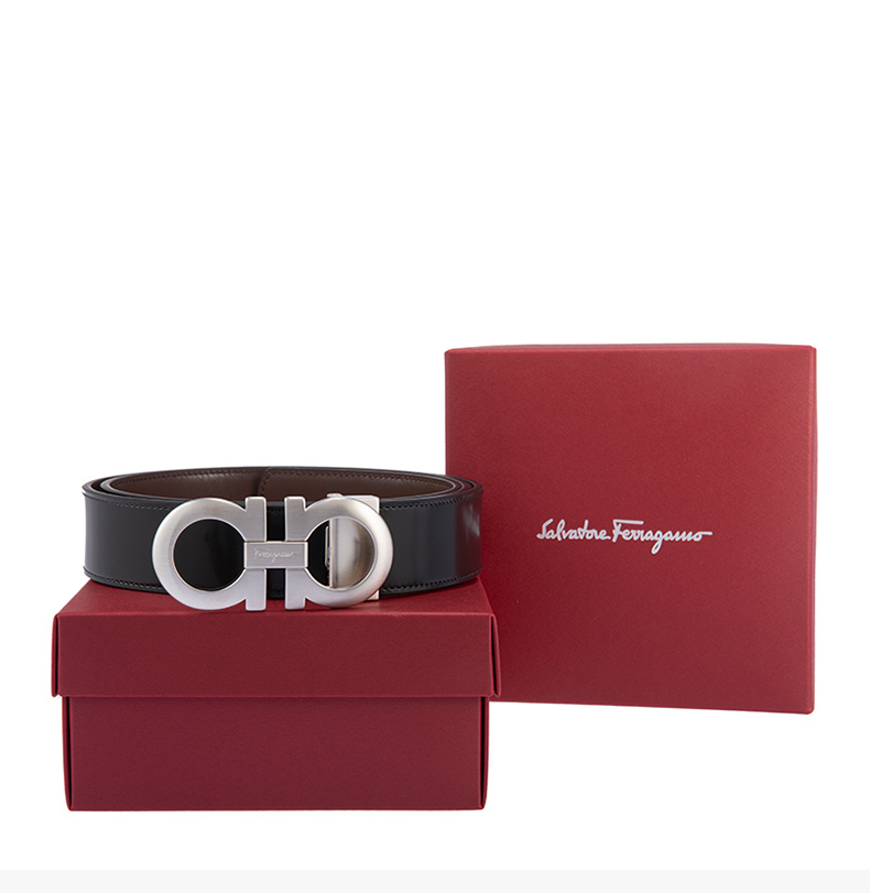 商品[国内直发] Salvatore Ferragamo|Salvatore Ferragamo 菲拉格慕 男士黑色棕色双面用抛光牛皮亮银色板扣皮带腰带 67-5542-312615【包装随机，部分无包装盒】,价格¥2707,第7张图片详细描述