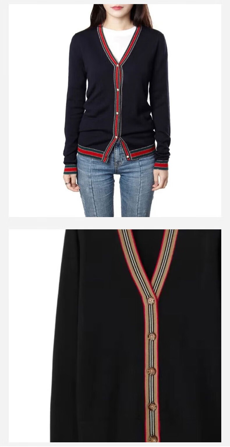 商品Burberry|Burberry博柏利SS24条纹V领单排扣长袖针织衫女款黑色80843251,价格¥2312,第11张图片详细描述