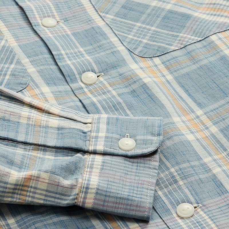 商品Ralph Lauren|拉夫劳伦 男士浅蓝色格子纯棉复古风格方领长袖衬衫,价格¥2196,第2张图片详细描述
