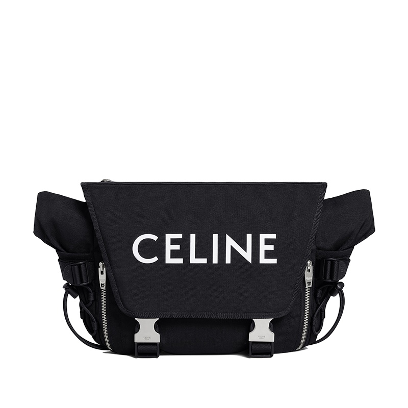 商品Celine|CELINE/赛琳 22春夏新款 男士中号白色CELINE印花黑色锦纶翻盖徒步斜挎单肩邮差包,价格¥11739,第2张图片详细描述