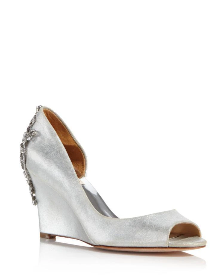 商品Badgley Mischka|Meagan Metallic Suede Embellished Half d'Orsay Peep Toe Wedge Pumps,价格¥635,第1张图片
