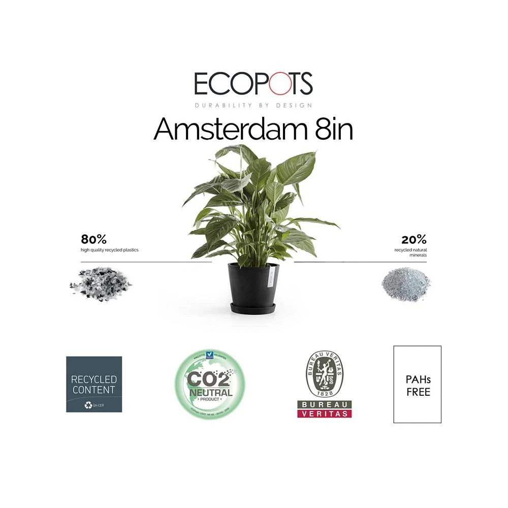 商品ECOPOTS|Amsterdam Round Plastic Flower Pot, Dark Grey, 8",价格¥155,第3张图片详细描述