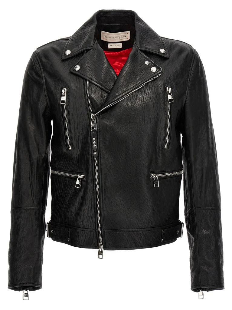 商品Alexander McQueen|Texture Leather Jacket Casual Jackets, Parka Black,价格¥22829,第1张图片