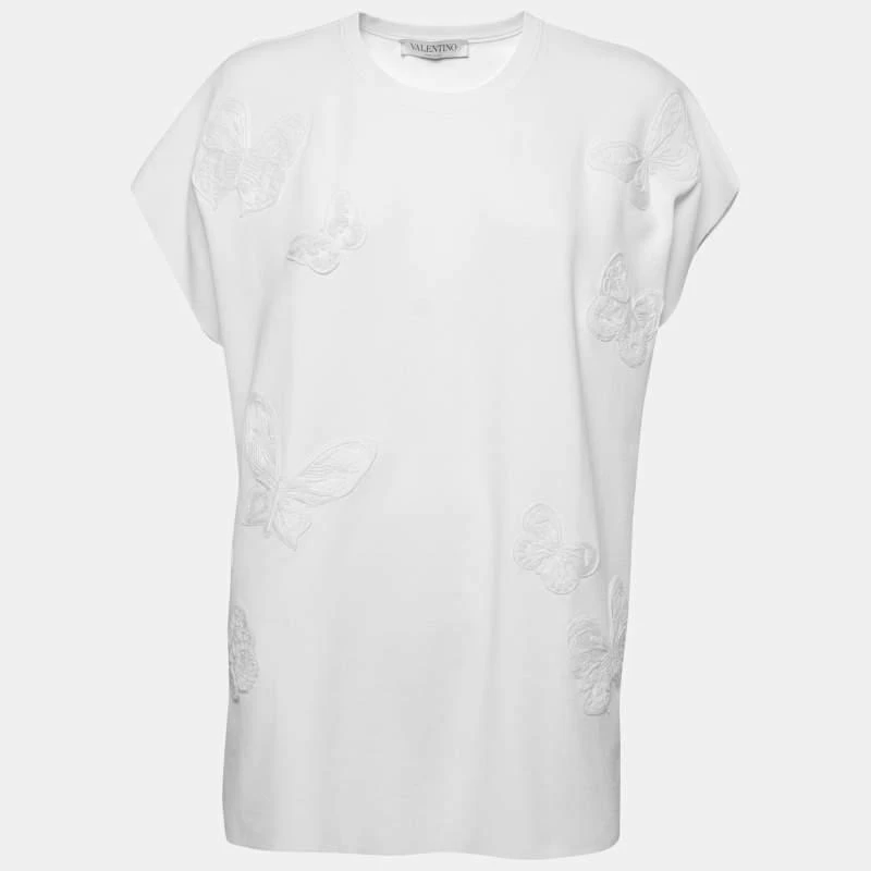 商品[二手商品] Valentino|Valentino White Stretch Knit Butterfly Bead Embroidered Top L,价格¥1021,第1张图片