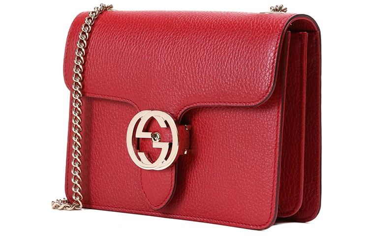 商品[国内直发] Gucci|古驰 金标双G链条肩带 荔枝纹牛皮 邮差包风琴包斜挎单肩包 小号 女款 红色,价格¥6705,第3张图片详细描述