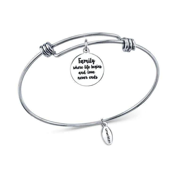 商品Unwritten|"Family is Forever" Adjustable Message Bangle Bracelet in Stainless Steel,价格¥103,第2张图片详细描述