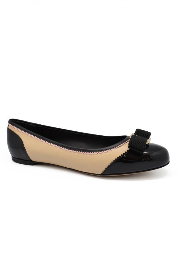 Luxury Shoes For Women   Salvatore Ferragamo Beige Ballet Flats With Black Knot商品第2张图片规格展示