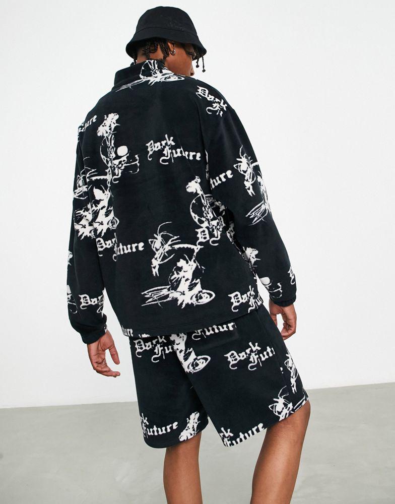 ASOS Dark Future co-ord oversized quarter zip sweatshirt in polar fleece with all over logo print in black商品第2张图片规格展示