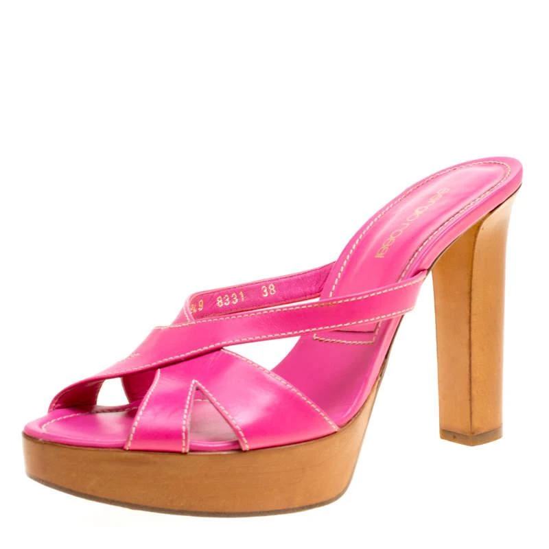 商品[二手商品] Sergio Rossi|Sergio Rossi Pink Leather Peep Toe Platform Slides Size 38,价格¥1553,第1张图片