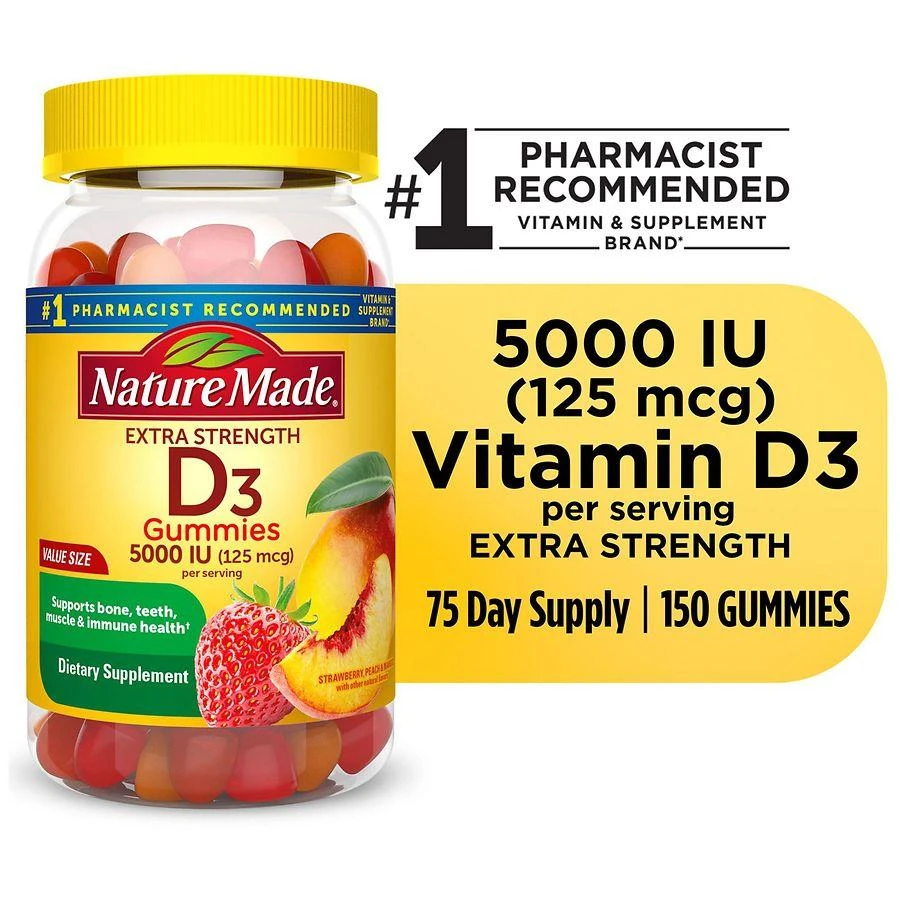 Extra Strength Vitamin D3 5000 IU (125 mcg) per serving Gummies Strawberry, Peach, Mango 商品