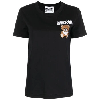 商品[国内直发] Moschino|莫斯奇诺MOSCHINO 奢侈品 女士泰迪熊平纹刺绣圆领短袖T恤黑色棉质 V0703 0440 1555 40码,价格¥722,第1张图片