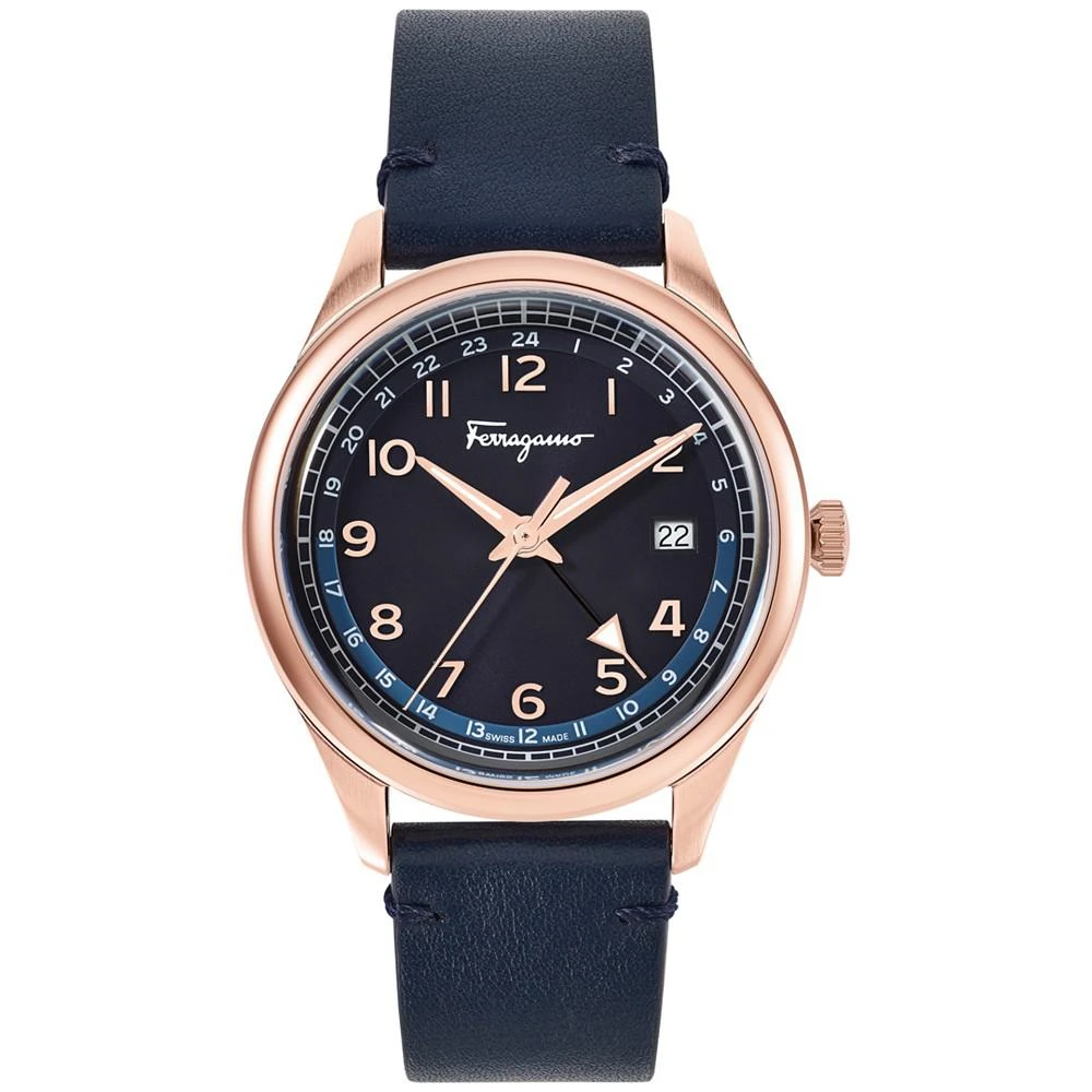 商品Salvatore Ferragamo|Men's Swiss Timeless GMT Blue Leather Strap Watch 40mm,价格¥6019,第1张图片