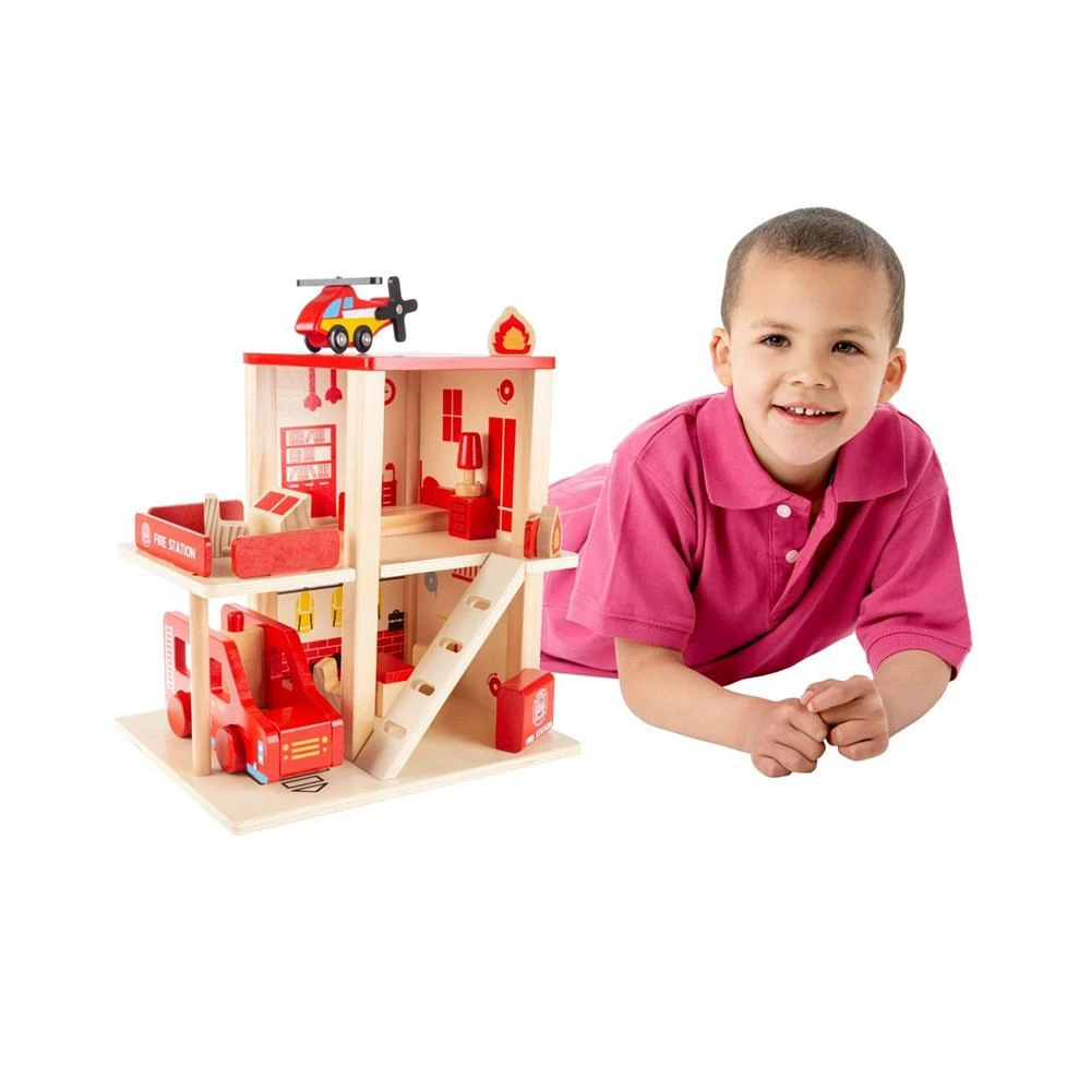 Hey Play Fire Station Playset - Wooden Firehouse, Truck, Helicopter And Fun Firefighting Accessories, 3-Level Pretend Play Dollhouse 商品