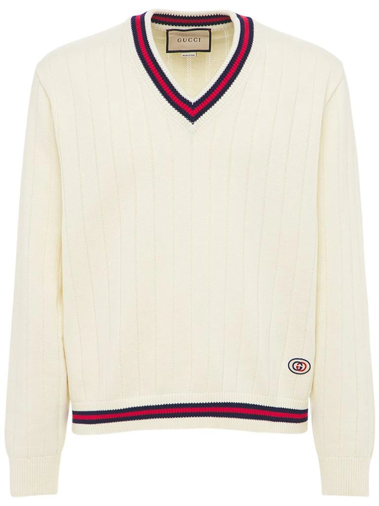 商品Gucci|Cotton Knit V Neck Sweater W/ Web,价格¥9179,第1张图片