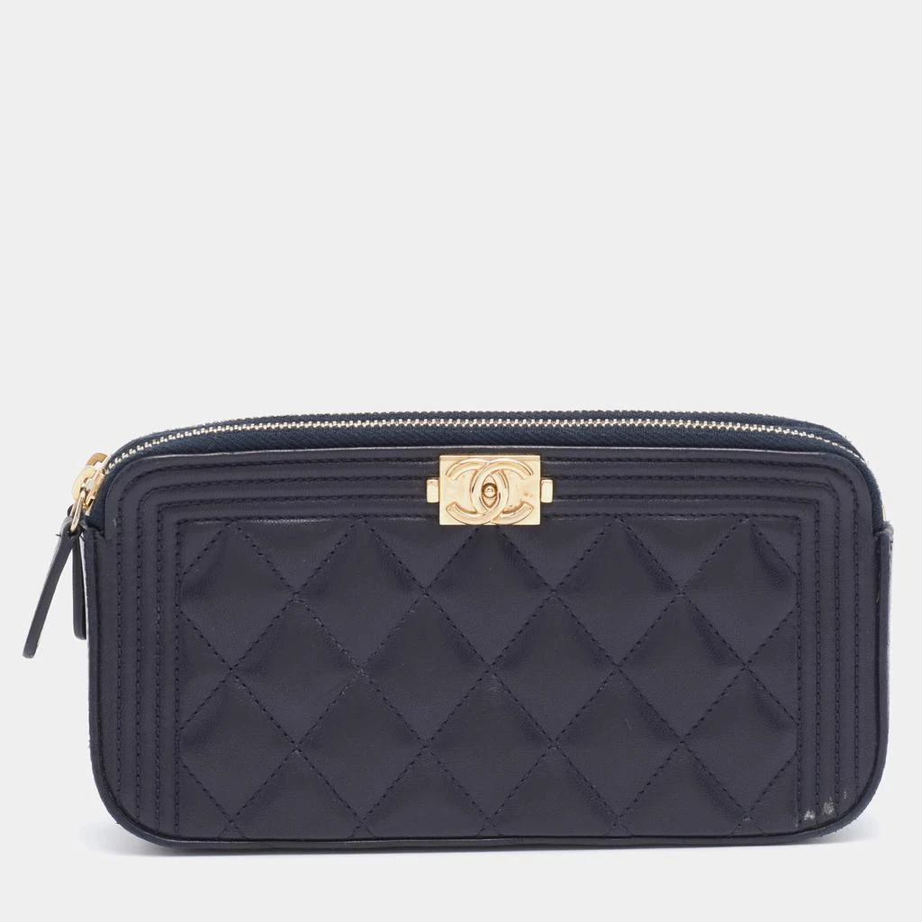 商品[二手商品] Chanel|Chanel Navy Blue Quilted Leather Boy Double Zip Clutch,价格¥13371,第1张图片